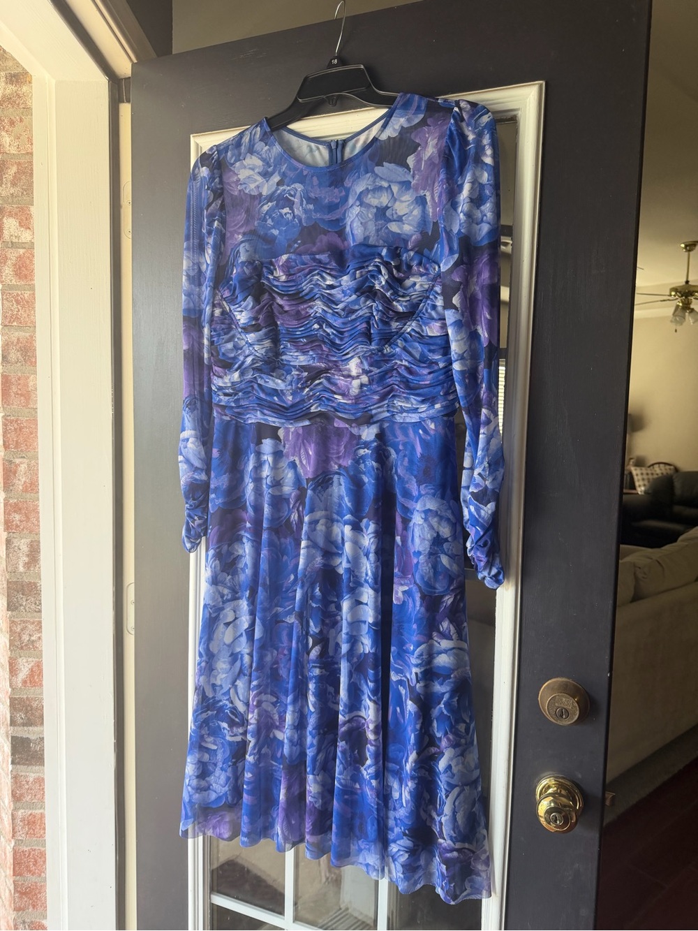 Eliza J Blue and Purple Floral Long Sleeve Ruched Bodice Dress